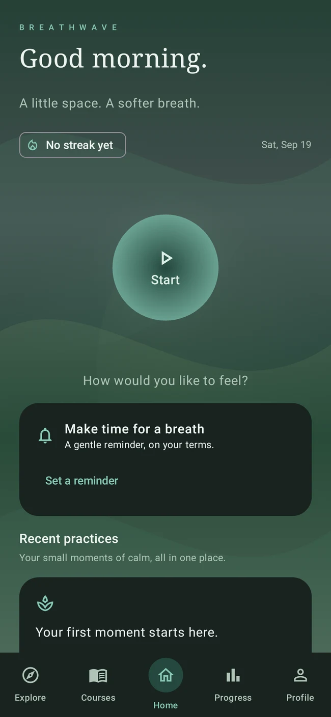 BreathWave Home screen with the Start circle and daily practices in night appearance